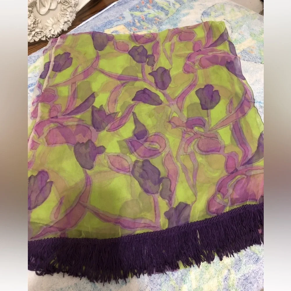 Shawl Scarf  100 Percent Silk Large Floral 20x100” Purple Yellow